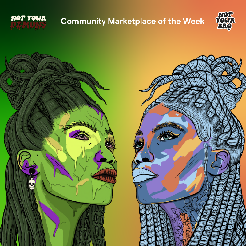 rarible's tweet photo. This week's Community Marketplace of the Week is a tossup...

Join an inclusive, philanthropic project supporting women with @NotYourBroNFT. Or sip a pickled potion with @notyourdemons. 

Which will you choose? 🤔