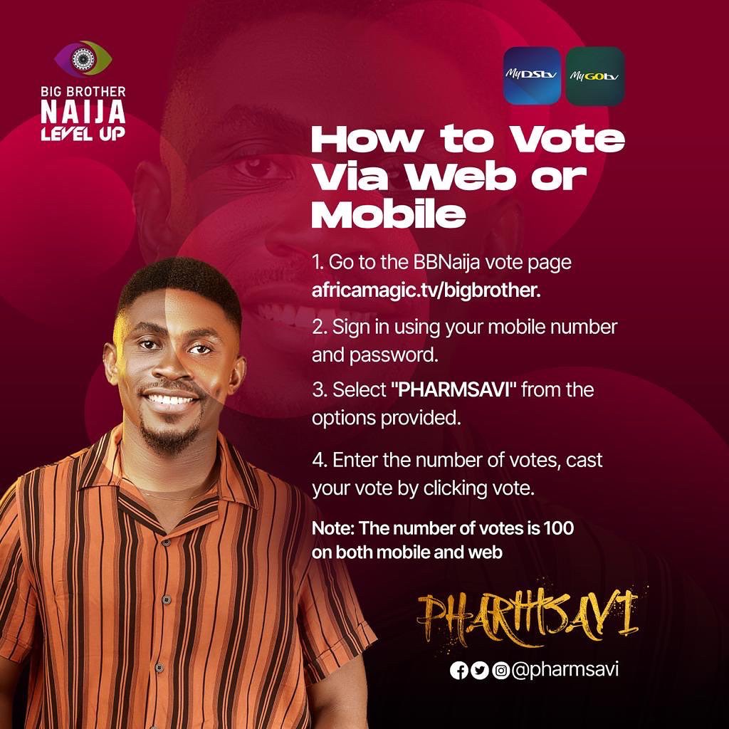 pharmsavi's tweet photo. IT IS TIME 

Here’s how to VOTE PHARMSAVI 

https://t.co/bvwrBdhEcb

We don’t have time on our side, let’s give our absolute best 

 #BBNaija https://t.co/rRrM9yvlMC