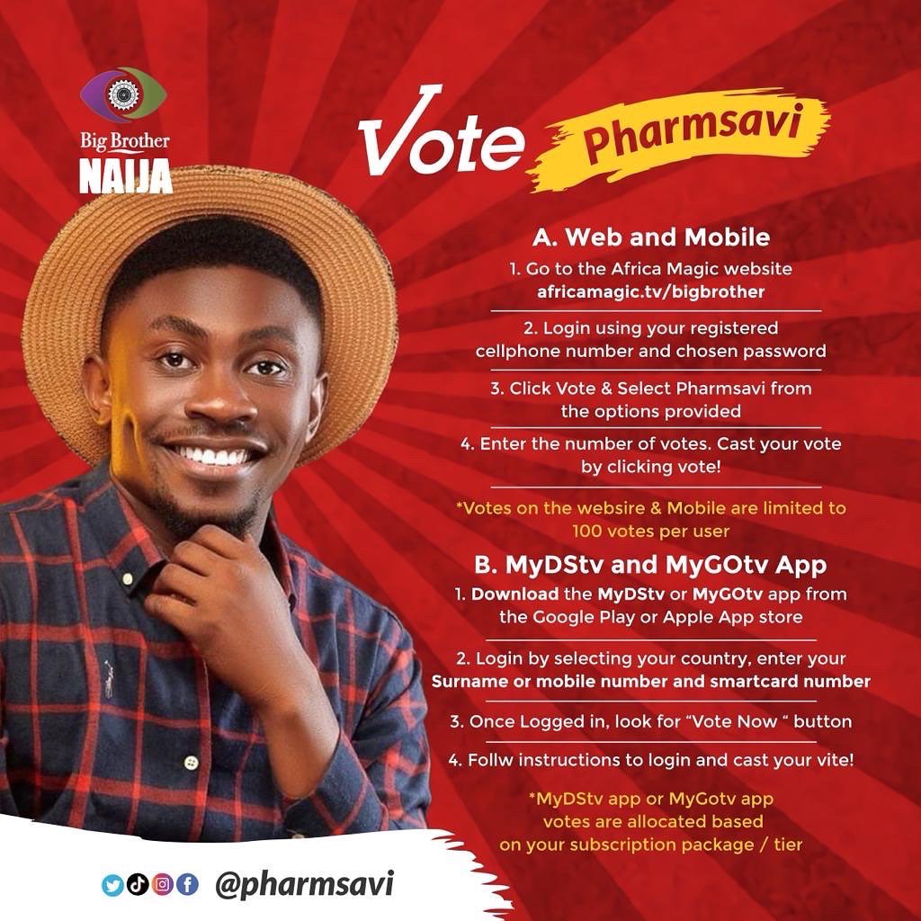 pharmsavi's tweet photo. IT IS TIME 

Here’s how to VOTE PHARMSAVI 

https://t.co/bvwrBdhEcb

We don’t have time on our side, let’s give our absolute best 

 #BBNaija https://t.co/rRrM9yvlMC