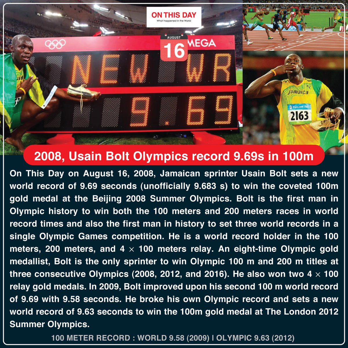 OnThisDayInWor1's tweet photo. #OnThisDay 2008, Usain Bolt Olympics record 9.69s in 100m
@usainbolt
#August #August16 #historytoday #in2008 #13yearsago #onthisdayinhistory #DoYouKnow #WorldRecord #100m #usainbolt #lightningbolt #jamaican #100mworldrecord #goldmedal #beijingsummerolympics #Olympics https://t.co/yITHbf0gDt