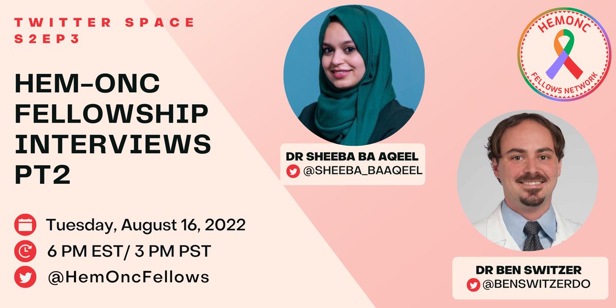 HemOncFellows's tweet photo. Join our space about the #HemOnc Fellowship Interview Pt 2 with @sheeba_baaqeel and @BenSwitzerDO on Tuesday, August 16 at 6 PM ET. Hosted by @DrJunaidWali1 and @fatimaali202
Join our newsletter https://t.co/PwqBLBaVLx
#OncTrainee #OncMedEd #HOFellows #FellowshipMatch https://t.co/zdpBWOcIOu