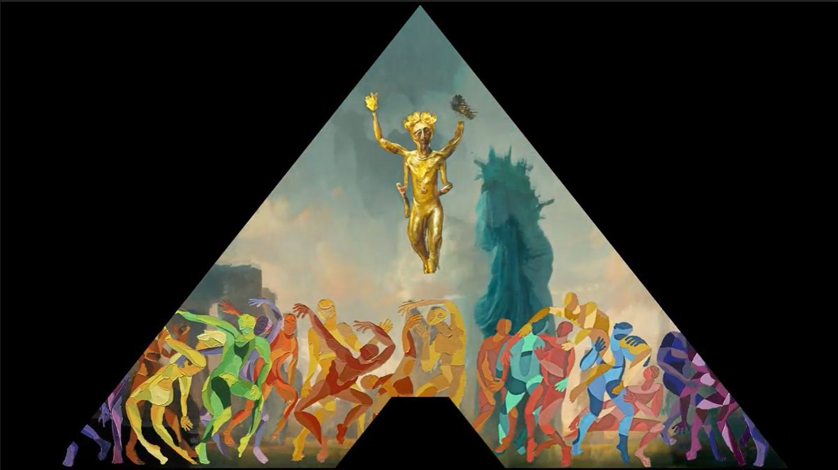 PoDogson's tweet photo. @clairesilver My entry is a 00:01:20 video piece together with @mashakeryan for a video installation at Burning Man. The background melts together AI imaginations of landmarks around the world as a string of Masha's OG revelers parade below a morphing deity, trained on Masha's paintings https://t.co/SVSOlUafas