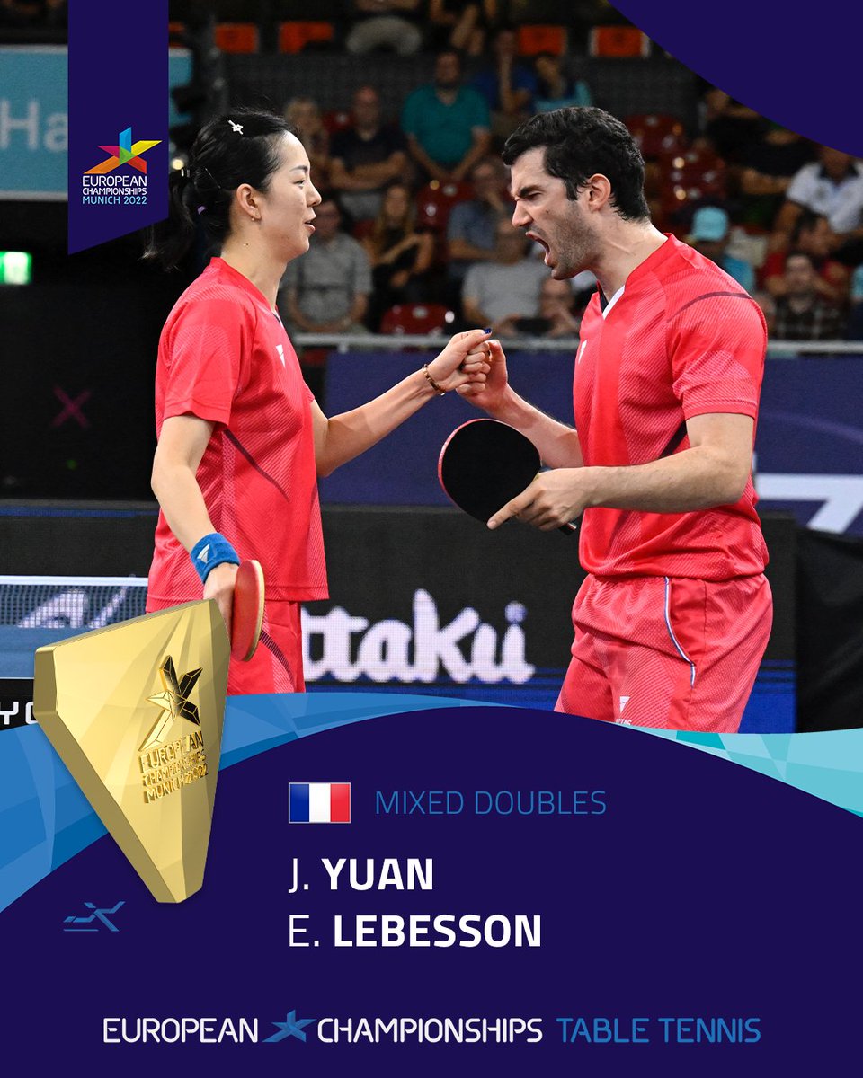 ECMunich2022's tweet photo. Congratulations Jianan Yuan &amp; Emmanuel Lebesson 🇫🇷 #TableTennis Mixed Double European Champions 2022! #Munich2022

@euro_champs @ettu_ttennis https://t.co/910rRyWjTf