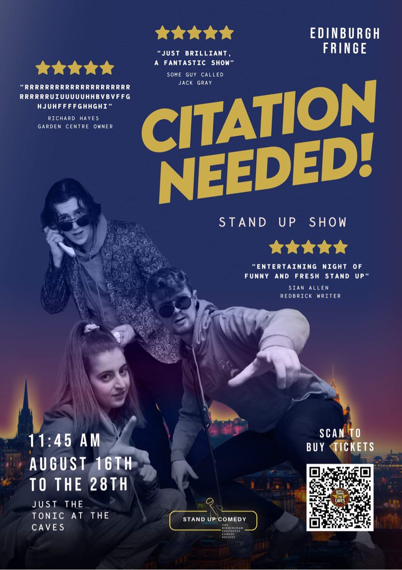 BFootnotes's tweet image. Got no plans for tomorrow morning at 11:45am at #edfringe? Want to see the freshest faces in stand up comedy? Want a morning/ early afternoon giggle? Come and see Citation Needed at Just up the Stairs at the Caves! #justthetonic #EdFringe2022 #standup