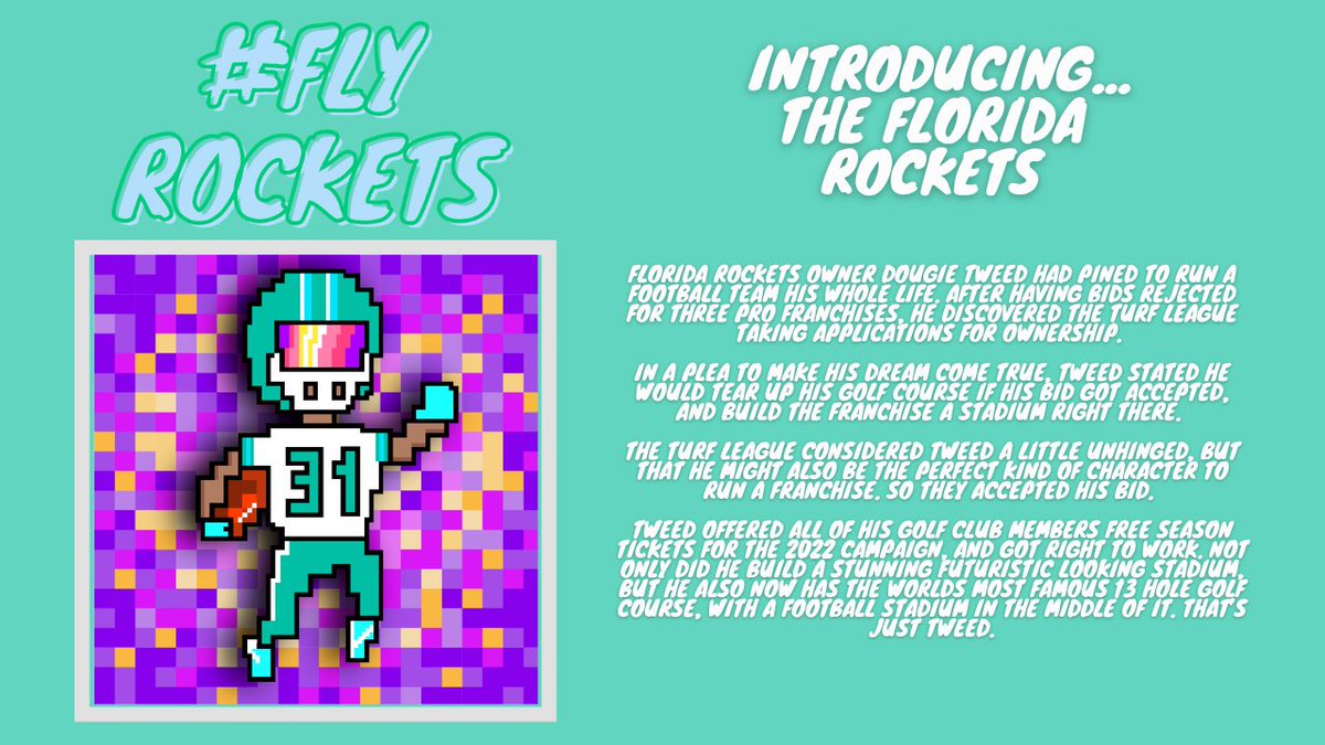 TurfTalentNFT's tweet photo. Moving on to the ECL Coastal Division! Up first, the Florida Rockets 🚀
The Rockets crazy owner makes them a fun franchise to follow, and Florida football fans are pretty committed. Something’s brewing down there…
#FlyRockets 🚀🏈 https://t.co/afarYqKMow