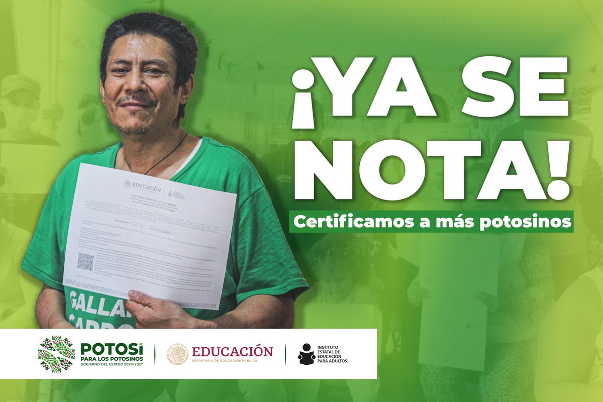 ieeaslp's tweet photo. Cada día son más los adultos que logran culminar o certificar su Educación Básica, a través de los programas de @ieeaslp, implementados en todo el territorio potosino. , que gracias al respaldo del Gobernador del Estado, @RGC_Mx , hoy, #YaSeNota🙌 https://t.co/oXL5vKMS20