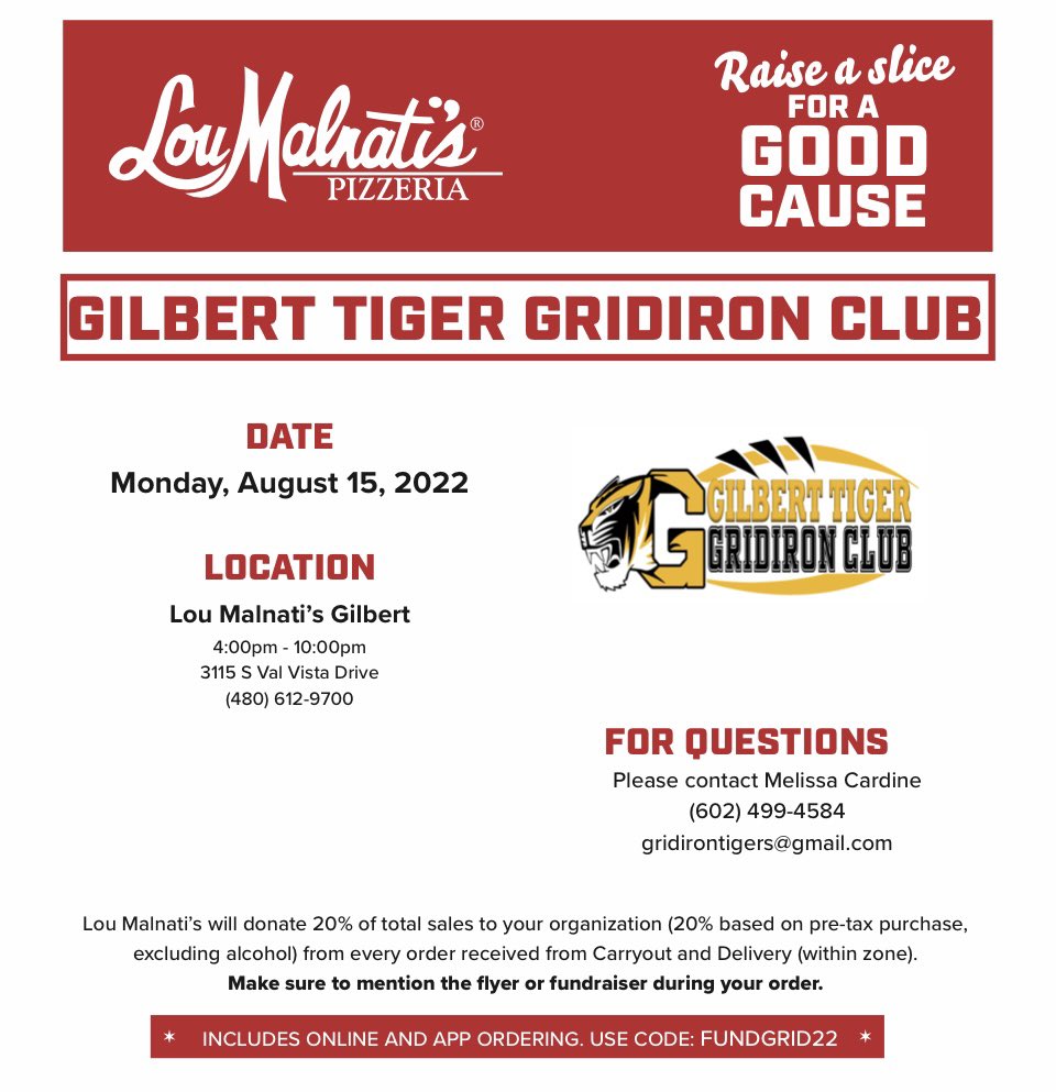 Just a reminder that we will be hosting our first general booster club meeting of the 2022 season tonight, 8/15 at 7 pm in the GHS Football Portable. It is also our fundraising night with Lou Malnati's Pizza at Val Vista and Pecos.