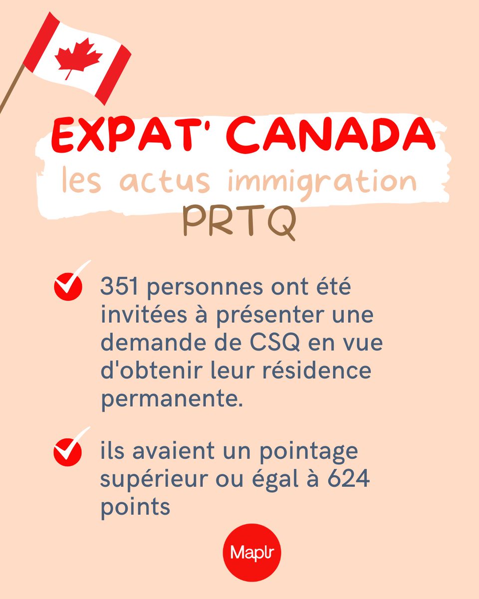 Maplrco's tweet photo. NEWS IMMIGRATION🔴🇨🇦 Bonne nouvelle 🎉Les tirages du #PRTQ pour les candidats de la catégorie des travailleurs qualifiés ont repris le 7 juillet après 2 mois d'attente!
✅351 personnes ont été invitées à présenter une demande de CSQ en vue d'obtenir leur #residencepermanente https://t.co/SfH3HJjlbg