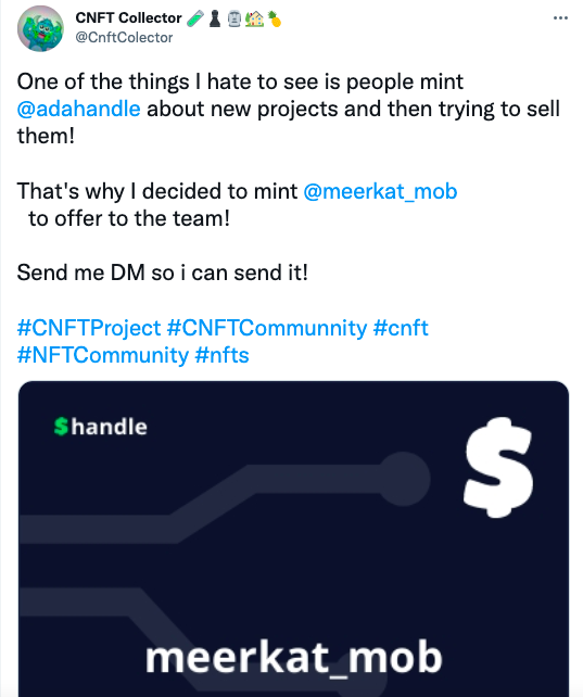 Meerkat Mischief Mob (@meerkat_mob) on Twitter photo We couldn't decide who to give the 100 $ADA to so we have split between @CNFTScout & @CnftColector (50 $ADA each) 💰
First WL spots:
<a href="/mickaelchif/">mickaelchif</a>
<a href="/jecellam/">Jecellam 📡📡📡</a>
@CnftColector
@CNFTScout
@RoelIcawalo02
<a href="/Taddart_CNFT/">Taddart</a>
<a href="/cryptodanny96/">$dannydawn $255</a>
@smithmichael78
<a href="/AinFlg/">BesetInFLG</a>
<a href="/cnftprofessor/">yango</a> We couldn't decide who to give the 100 $ADA to so we have split between @CNFTScout & @CnftColector (50 $ADA each) 💰
First WL spots:
<a href="/mickaelchif/">mickaelchif</a>
<a href="/jecellam/">Jecellam 📡📡📡</a>
@CnftColector
@CNFTScout
@RoelIcawalo02
<a href="/Taddart_CNFT/">Taddart</a>
<a href="/cryptodanny96/">$dannydawn $255</a>
@smithmichael78
<a href="/AinFlg/">BesetInFLG</a>
<a href="/cnftprofessor/">yango</a>