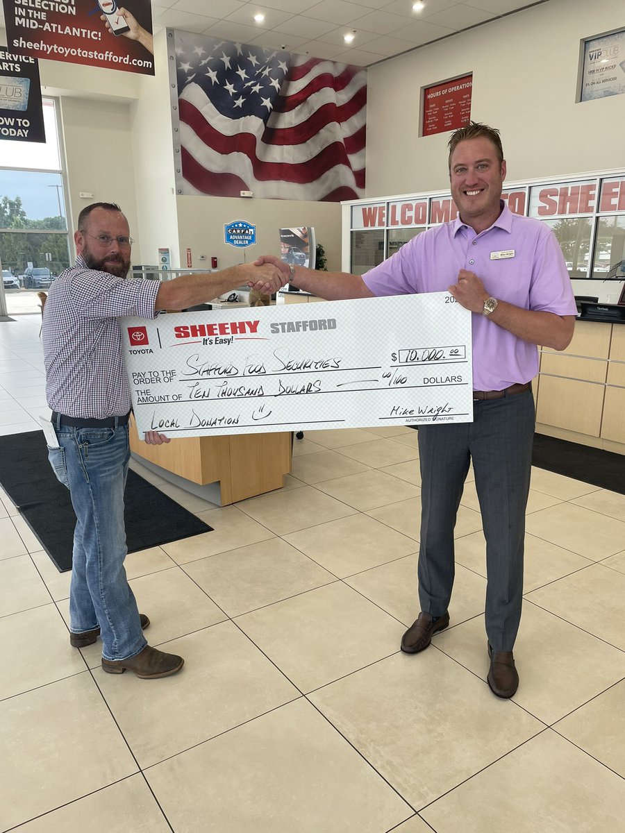 Stafford Food Sec (@staffordfoodsec) on Twitter photo Thanks so much to Mike Wright and Sheehy Toyota for this amazing $10,000 donation to help us keep feeding kids! We will put it to good use! <a href="/SheehyToyotaST/">Sheehy Toyota of Stafford</a> <a href="/SCPSchools/">Stafford Schools</a> Thanks so much to Mike Wright and Sheehy Toyota for this amazing $10,000 donation to help us keep feeding kids! We will put it to good use! <a href="/SheehyToyotaST/">Sheehy Toyota of Stafford</a> <a href="/SCPSchools/">Stafford Schools</a>