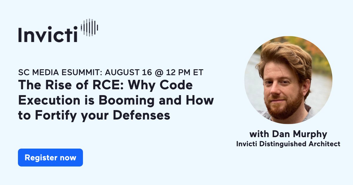 KateBachmanPR's tweet photo. 🚨 #RCE is severe — attackers can exfiltrate data, steal credentials, &amp; forge database records. Join Invicti Distinguished Architect Dan Murphy at @SCMagazine's e-summit on 8/16 to dive into data &amp; techniques any org can use to protect itself.

Register @ https://t.co/UffqBowDjS https://t.co/KJlSgPaGp8