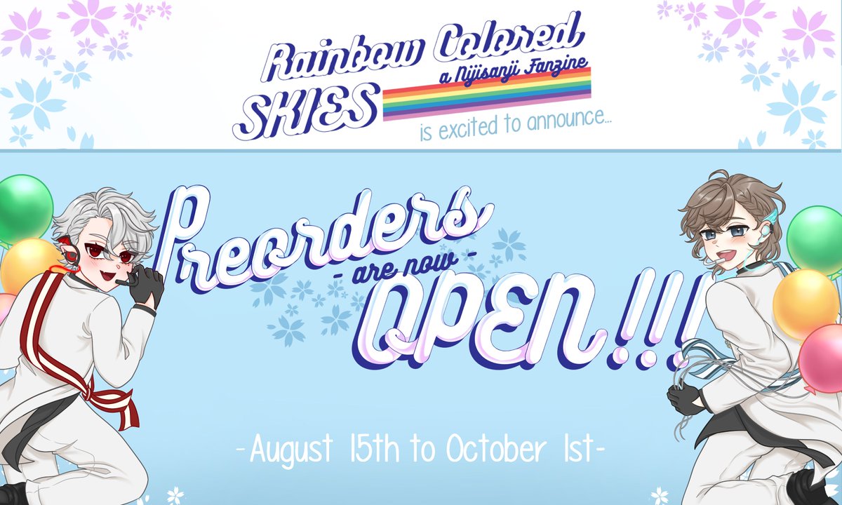 🌈🕒ℙ𝕣𝕖-𝕠𝕣𝕕𝕖𝕣𝕤 𝕒𝕣𝕖 𝕟𝕠𝕨 𝕆ℙ𝔼ℕ🕒🌈

🌈🕒Rainbow Colored Skies, a Nijisanji Fanzine, shop is now open!🌈🕒
🔗rbcs.bigcartel.com🔗

🌈🕒UK buyers, please stay tuned for our alternative shop!🌈🕒

#NIJISANJI_EN #nijitwt #にじさんじ  #NIJIArt