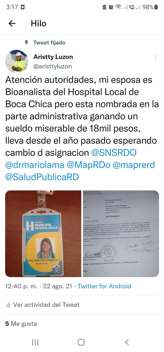 aristtyluzon's tweet photo. @drmariolama @SNSRDO @luisabinader @RaquelPenaVice @SaludPublicaRD @Comunicaciondo Buenas tardes @drmariolama @SNSRDO @RaquelPenaVice @raquelarbaje mi esposa está esperando su cambio de designación como Bioanalista el el hospital de Boca Chica desde hace 2 años ganando un salario de miseria de RD$:18,000 pesos por esa situación, por favor resuelva eso. https://t.co/VrkcH6fn2O