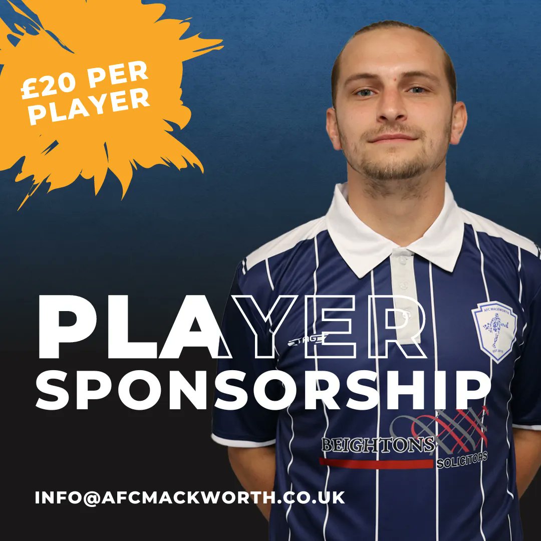 AFCMackworth's tweet photo. Player Sponsorship is now available for all of our Senior players ✅ 

• Logo on post-match video
• Sign-up announcement post
• Duration of the 2022-23 season
• Exposure for your business

If you or your business is interested, drop us a DM or email Info@afcmackworth.co.uk 📧 https://t.co/60oBM3Lqvf
