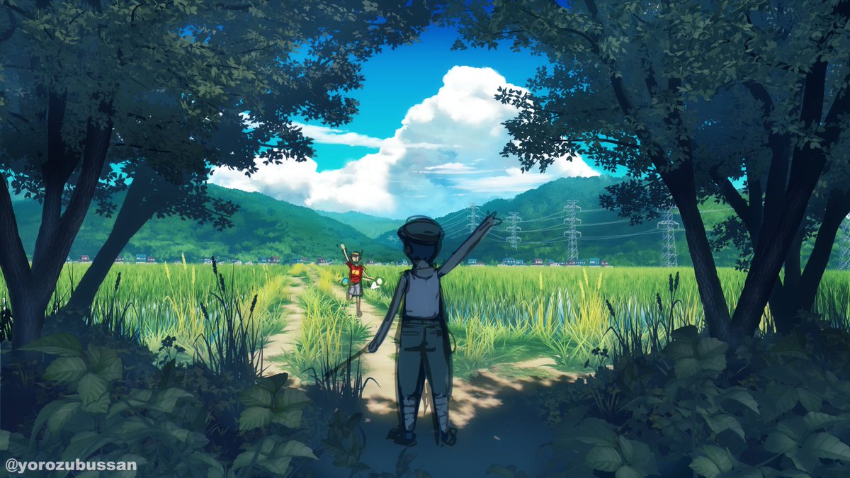 「あと地面の雑草を少し増やしたら背景終わり。 」|よろづ/イラストレーターのイラスト
