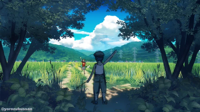 あと地面の雑草を少し増やしたら背景終わり。 