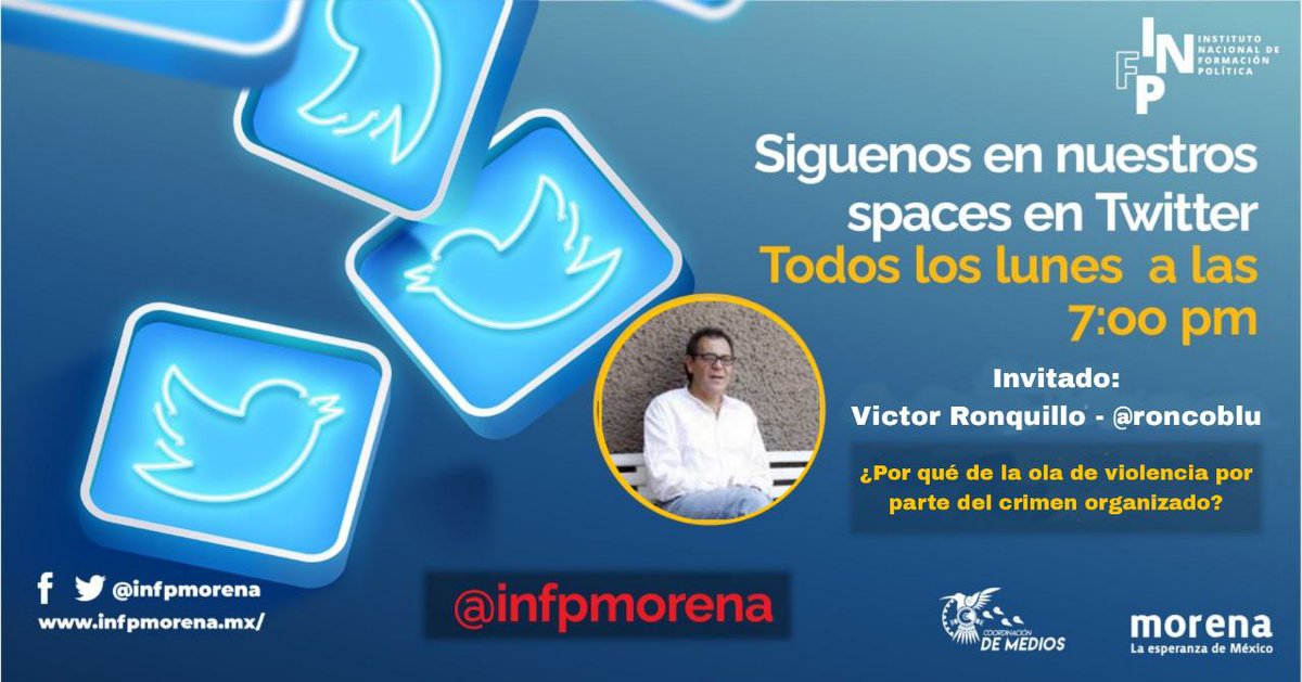 Esta tarde en nuestro #INFPspaces nos acompañará <a href="/roncoblu/">Victor Ronquillo</a> para comentar la ola de violencia que encabezó recientemente el crimen organizado.

¡Nos escuchamos a las 7:00 pm!