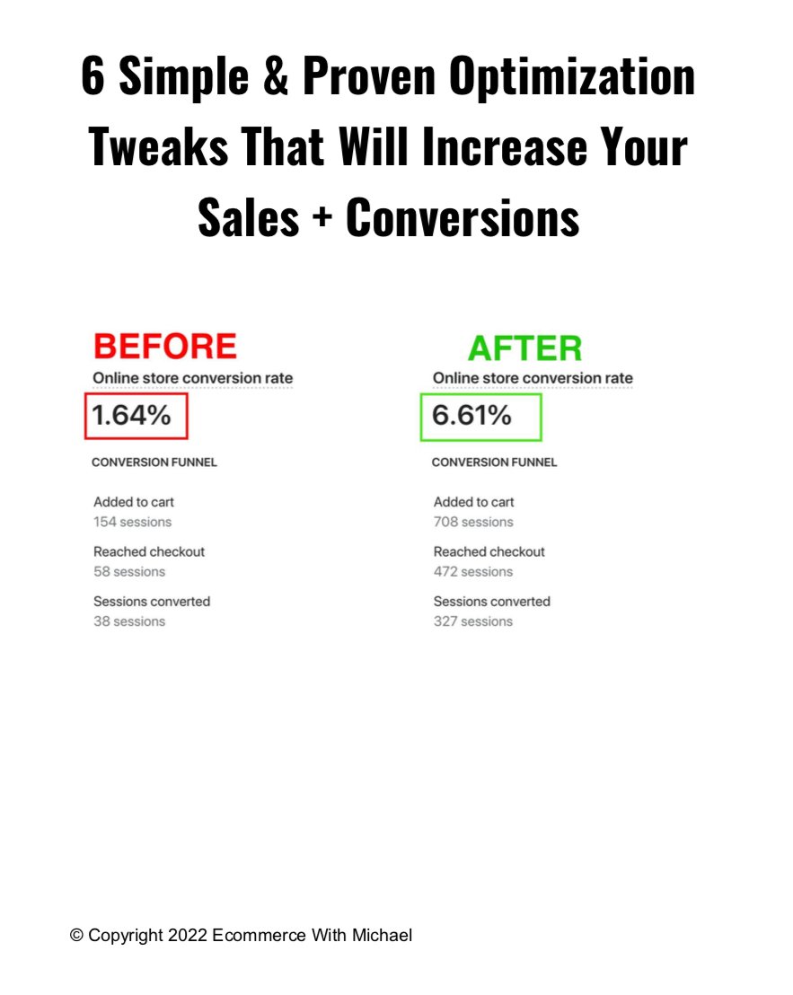 EcomWithMichael's tweet photo. Want a FREE PDF with 6 Simple &amp; Proven Optimization Tweaks That Will Increase Your Sales + Conversion Rate?

These are the same tweaks that I used to take stores that were struggling to get sales/low conversions to have 3%+ CVRs.

RT this post &amp; follow me &amp; I'll DM you a copy. https://t.co/ySm5U1rCOP