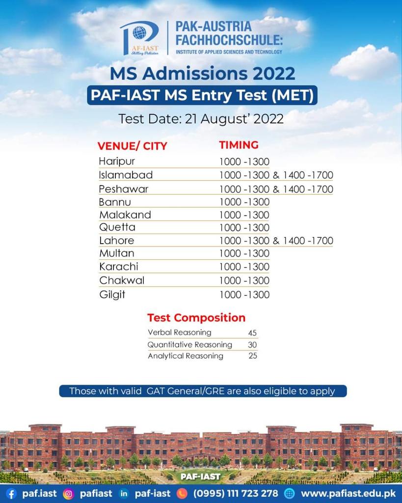 shahJsaima's tweet photo. Entry test schedule for PAF-IAST MS Programs for Fall 2022 has been announced. Find your city and time to appear in the entry tests. Good luck!
#HEC #PAFIAST #pakaustria #skillingpakistan #pakaustriafachhochschule https://t.co/M6LBsYcLJj