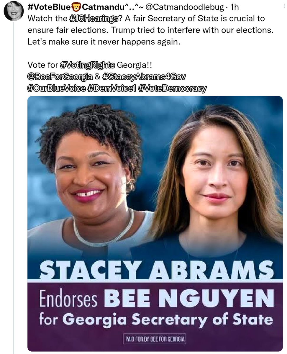 Catmandoodlebug's tweet photo. @marylee_losardo @doglips13 @nanwhaley Can hardly wait to find out what its like to have a Democratic Gov of GA! #StaceyAbramsGA
SOS so important too!!! #Bee4GA Vote Bee Nguyen!!
#VoteBlue22
Know your Governor & Secretary of State Candidates!!
Georgia Vote @staceyabrams @BeeForGeorgia https://t.co/wQ5qR82icF