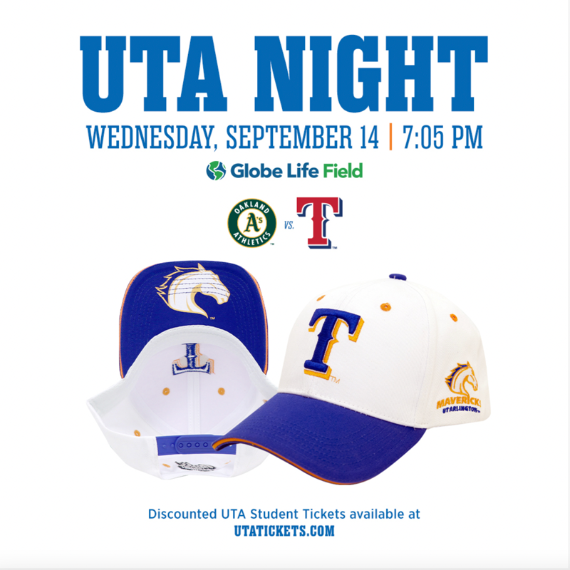 The University of Texas at Arlington on X: Don't miss your chance to spend  the evening watching some Rangers baseball! Come to UTA Night With The  Rangers by visiting the link below