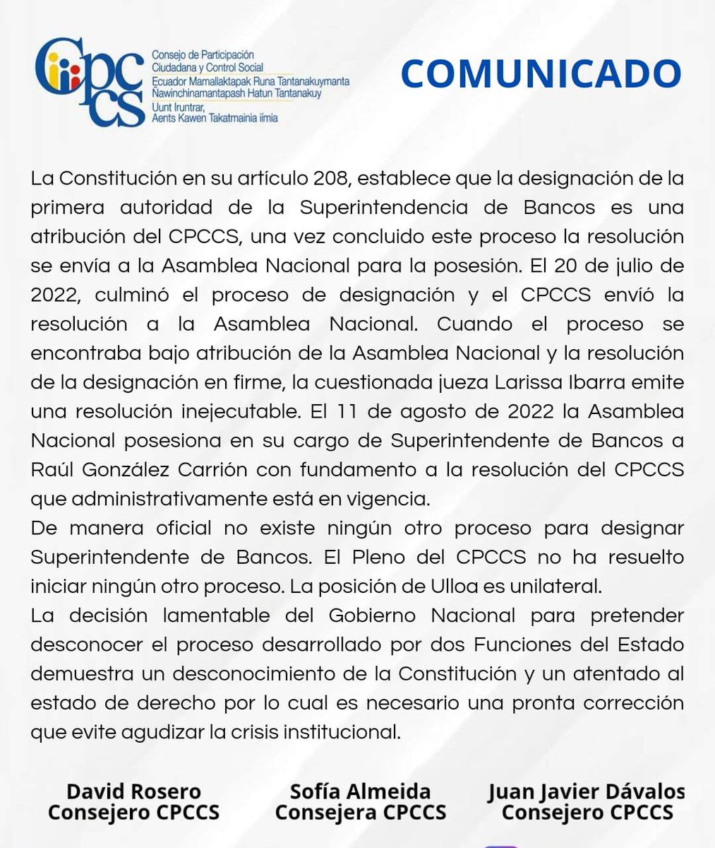 Ante las arbitrariedades del Gobierno Nacional y de Hernán Ulloa, aclaramos al país lo siguiente: