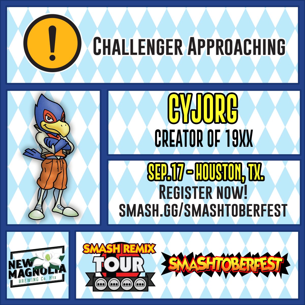 If you aren't coming, you're the only one. We now officially have a majority of the top ten Smash 64 players attending Smashtoberfest. Now announcing, Hammerheart, <a href="/ComboBlaze/">Combo Blaze</a>, @emptyW_64, and special guest and creator of 19xx, <a href="/cyjorg/">Jordan ⬡</a>!
Sign up here: start.gg/smashtoberfest