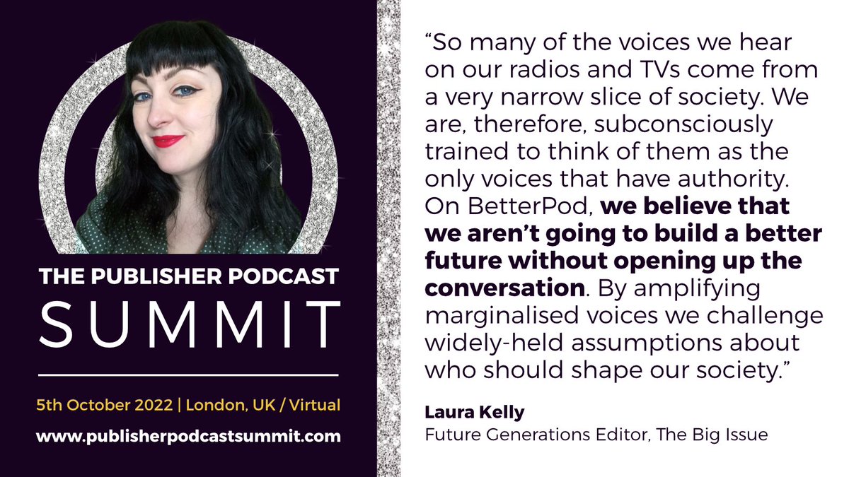 pubpodawards's tweet photo. We can't wait to hear about the work @laurakaykelly is doing with the @BigIssue's podcast #BetterPod. Catch her at 10am on Wed 5th Oct on the main stage of the Publisher Podcast Summit
https://t.co/Sh5MrKmICn https://t.co/J4XmPDQEdn