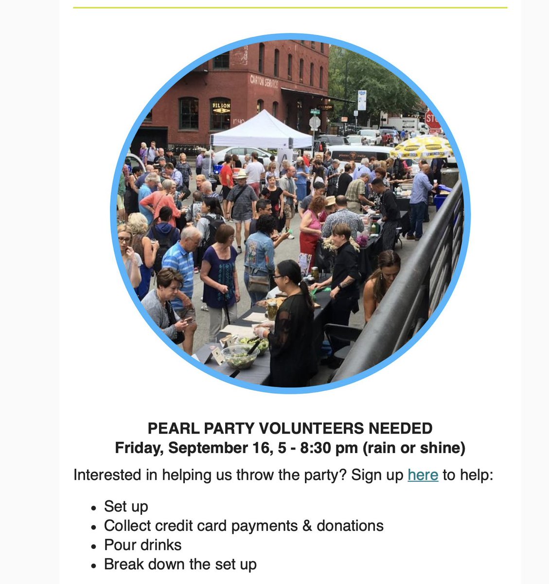 PEARL PARTY VOLUNTEERS NEEDED
Friday, September 16, 5 - 8:30 pm (rain or shine)
Interested in helping us throw the party? 
Set up 
Collect credit card payments &amp; donations 
Pour drinks
Break down the set up 
docs.google.com/forms/d/e/1FAI… #PDX <a href="/ORPearlDistrict/">Pearl District NA</a>