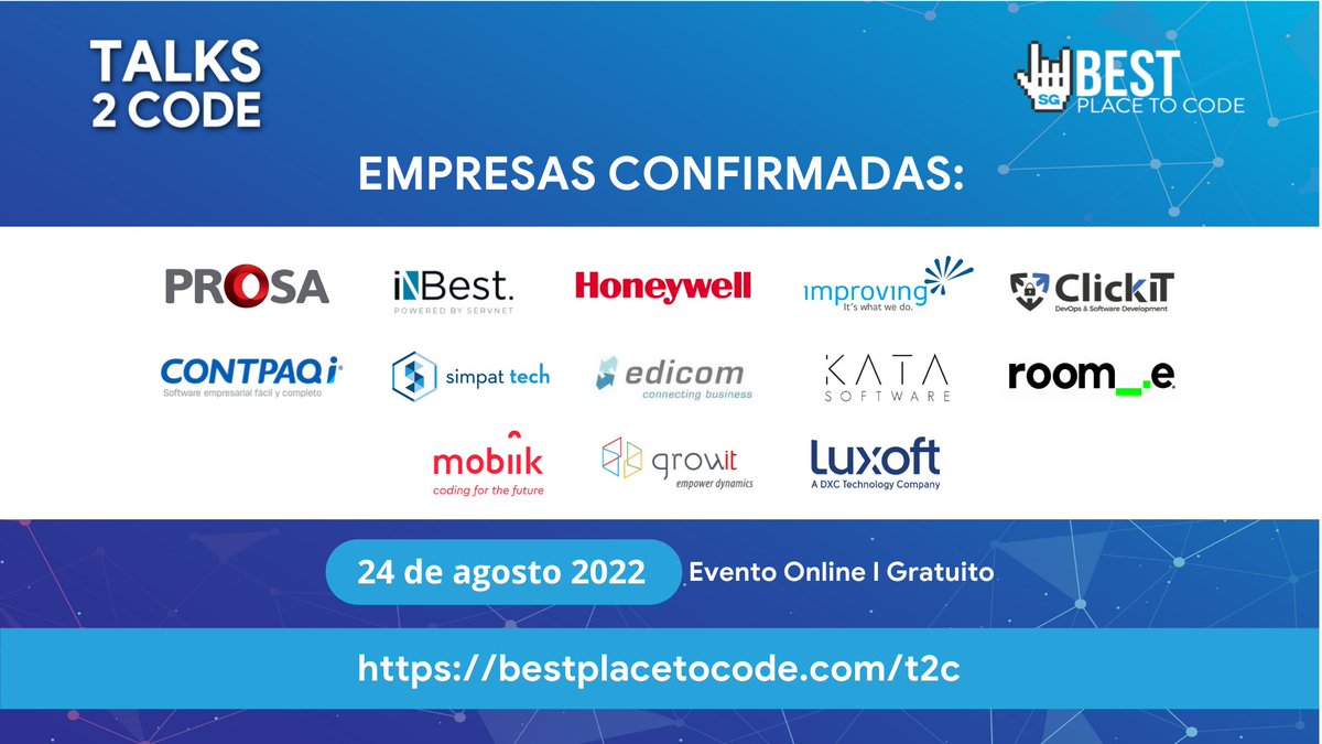 bestplacetocode's tweet photo. ¿Sabes qué tienen en común estas empresas? Que son @bestplacetocode. Estarán participando en #Talks2Code donde, además de mostrarnos sus secretos para desarrollar software, también nos compartirán las vacantes que tienen actualmente.
¿Ya te registraste? https://t.co/rtHkktU4SC https://t.co/SdXTyBq4io