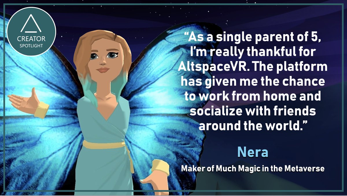 Altspacers! Meet our next #AltspaceVRtist, Nera. <a href="/whimwhams/">Nera (Jennifer Brooks)</a> is probably best known for making people fly with wings, sparkle with tutus and unicorn horns, and party with fireworks and glow hoops. 🦄🦋✨

For a taste of Nera's magic, check out Play Dome! account.altvr.com/worlds/1083551…