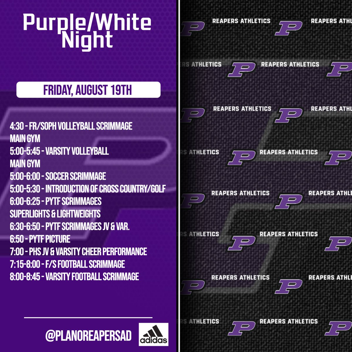 Join the Reapers on Friday, August 19th at 4:30pm as we kickoff the Fall Season with our PURPLE/WHITE NIGHT. Concessions will be open thanks to our Sports Boosters! <a href="/PHSSportBooster/">Plano Sports Boosters</a> <a href="/GolfReapers/">HS Golf League</a> <a href="/ReaperSoccer/">Plano Reaper Soccer</a> @ReaperVolley <a href="/PlanoReaper/">Plano Reaper Football</a> @ReaperDistance <a href="/planoreapergolf/">Plano Reaper Golf</a>
