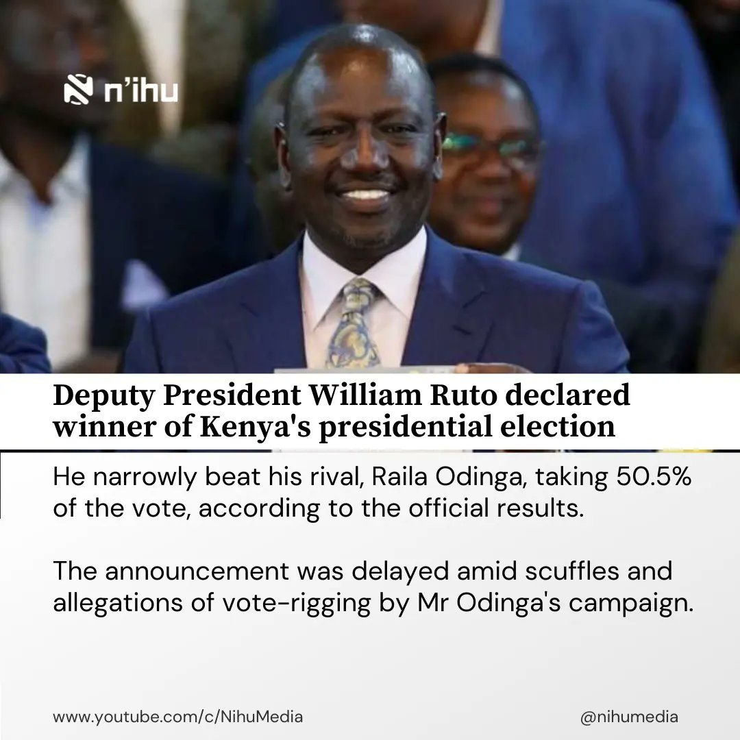 Nihumedia's tweet photo. Deputy President William Ruto declared winner of Kenya's presidential election. https://t.co/17W6jOkI6m