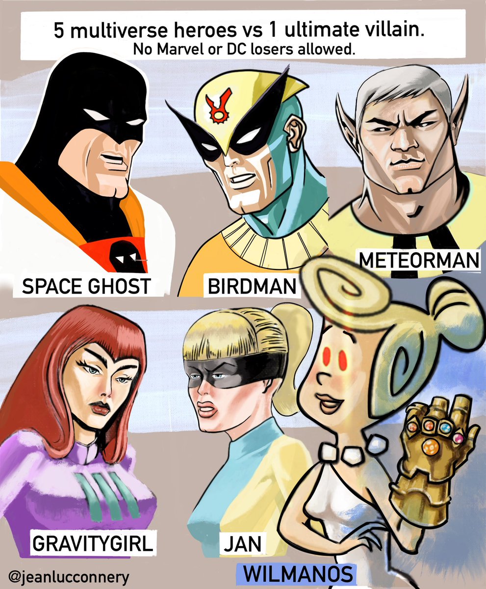 Timeline Cleanser!
WILMANOS vs my Fav HannaBarbera Heroes.
Choose your FAV 5 heroes from any universe to BATTLE the ultimate villain. Plus points for some obscurity. #HannaBarbera #Thanos #Battle #comic #ComicArt