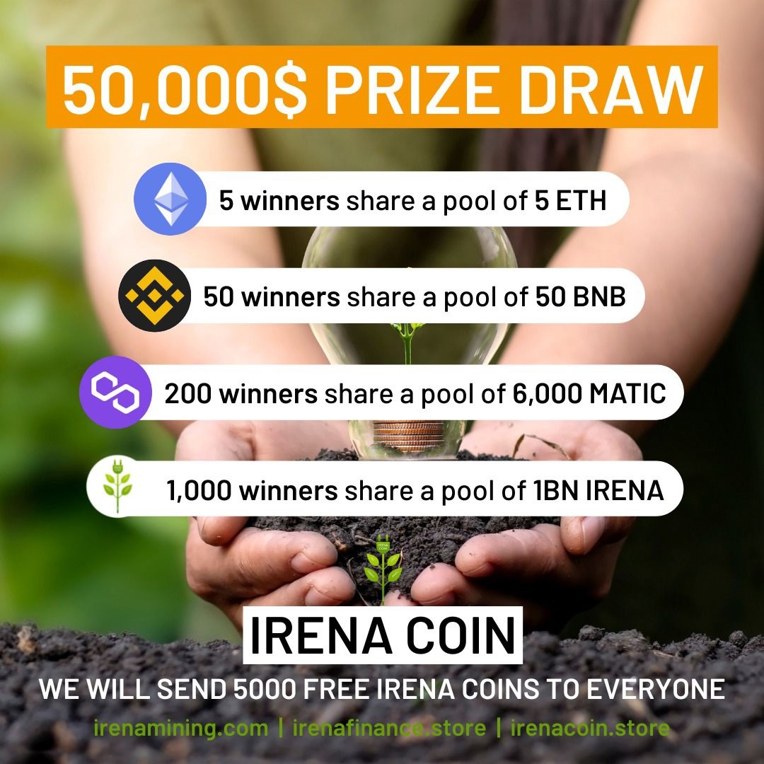 🎉A TOTAL $50,000 AWARD TO 1255 LUCKY PEOPLE + WE WILL SEND 5000 FREE IRENA COINS TO EVERYONE🎁 gleam.io/a5qDu/a-total-… What is Irena Green Energy Coin? youtu.be/on11GTxL1gg JOIN US NOW #irenacoin #irenastore #MEXCGlobal #Gateio #irenam2e #irenafinance #matic #polygon #avax