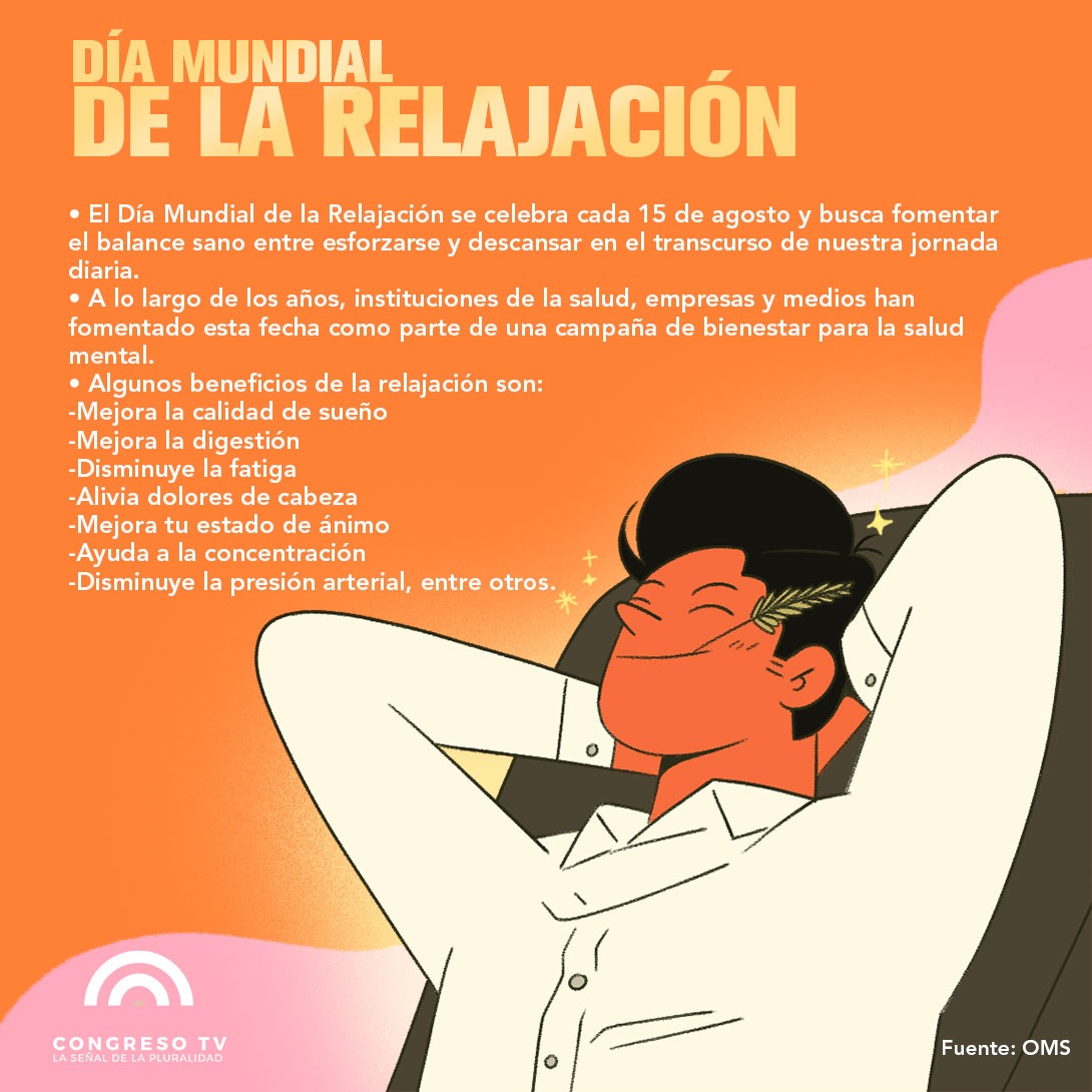 ⚪️Hoy es el #DíaMundialDeLaRelajación😌, busca incentivar el relajo y descanso sano para liberar el estrés laboral🧑🏾‍💻, escolar o por cualquier otra índole. Además de tener incontables beneficios para la salud🔋.

#CongresoTv #CDMx #NationalRelaxationDay