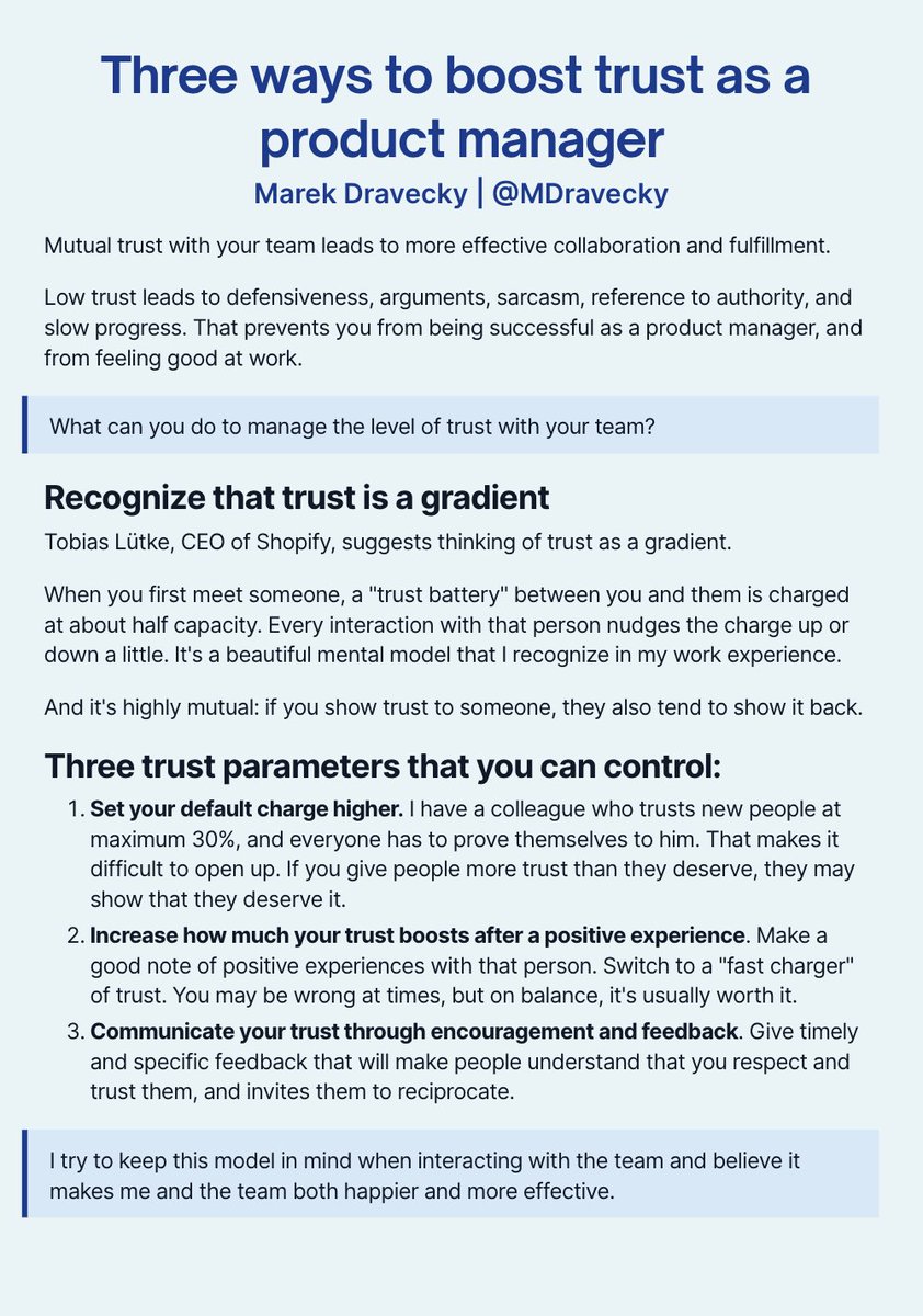 MDravecky's tweet photo. Think of trust as a "trust battery" (term coined by @tobi) - and boost happiness and productivity for both you and your team. https://t.co/ThtVmqopuL