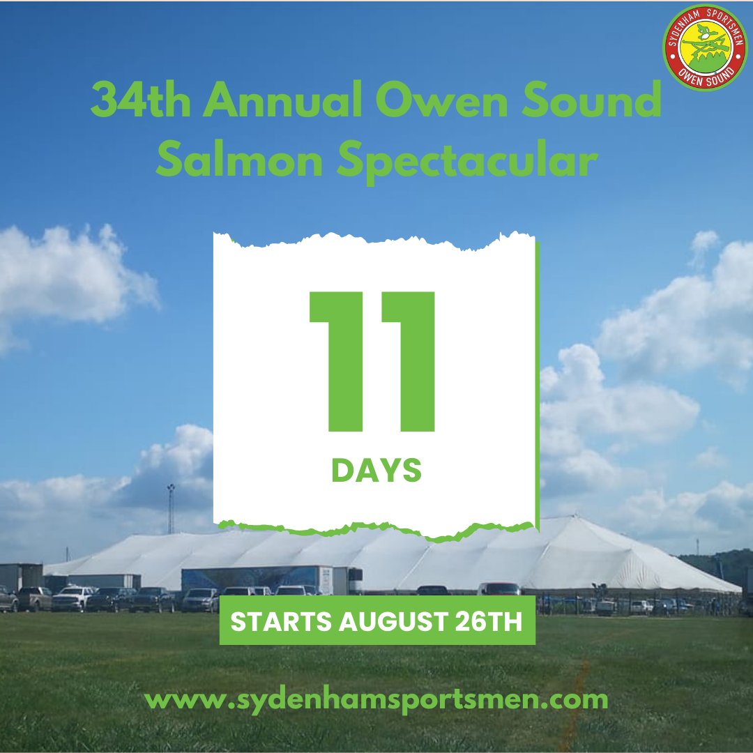 11 days left!

Get tix now - sydenhamsportsmen.com/ssashop/

#sydenhamsportsmen #salmonfishing #greybruce #ontariofishing #ontariofestival #owensound #greybrucecounty #ontario #angler #georgianbay #fishing #lakehuron #greatlakes #owensoundsalmonspectacular #fish #fishingaddict