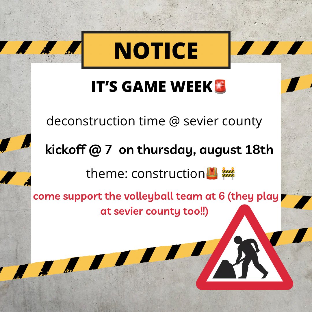 COME SUPPORT THE PATRIOTS THURSDAY AT SEVIER COUNTY!!
•Volleyball 
⁃jv at 5
⁃varsity at 6
•Football 
⁃varsity at 7
⁃theme: construction🚧🦺