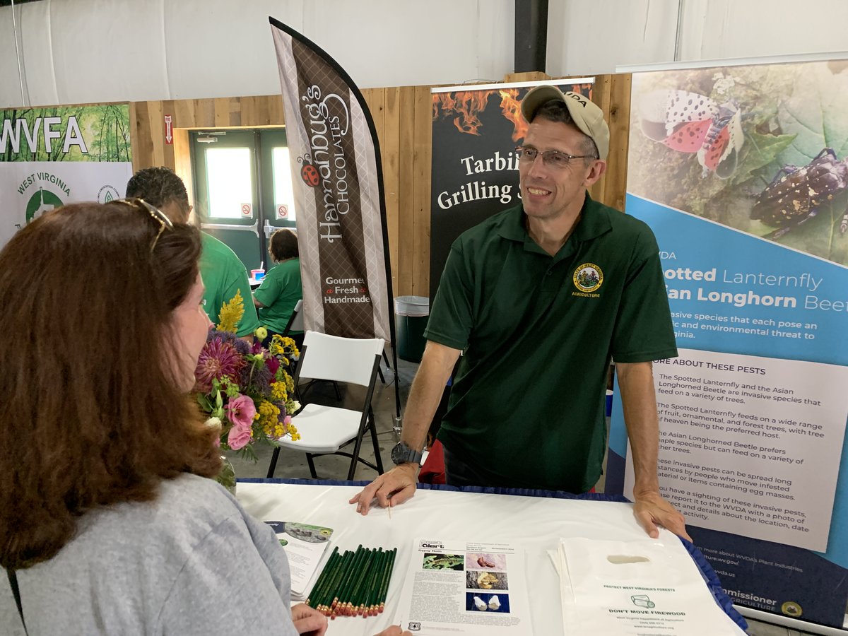 WVDeptofAg's tweet photo. Have something bugging you? Meet Berry Crutchfield! He's the WVDA's Plant/Pest Biologist, and he's here @SFWV to answer all your questions about bugs and plants. Stop by the #WVCountryStore in the Gus Douglass Annex to chat! https://t.co/9waP2FXPB0