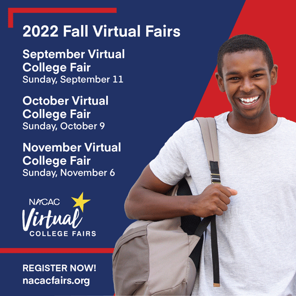 #NACAC is hosting three virtual college fairs this fall, starting in September. Mark your calendars and remind your students to register! nacacattend.org/fairs #freecollegefairs #collegefairs #collegeadmission