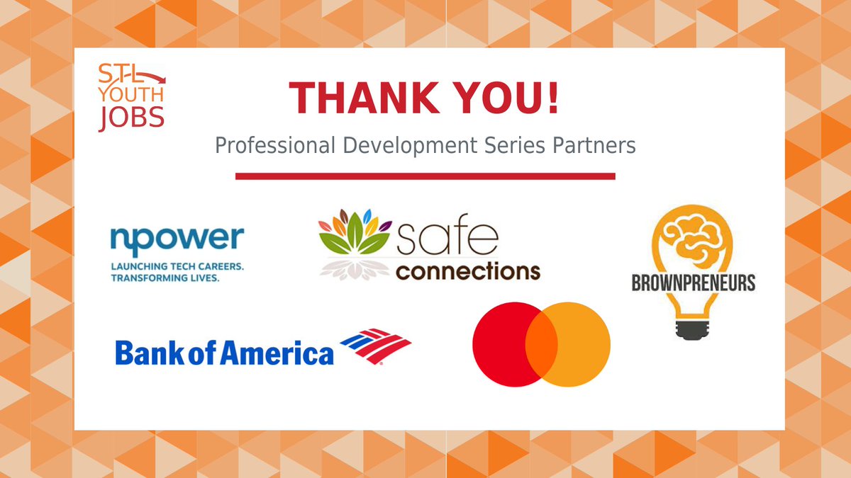 Thank you to everyone who participated in our 2022 Professional Development Series: Alex Hutchi,
<a href="/BankofAmerica/">Bank of America</a> <a href="/Mastercard/">Mastercard</a> <a href="/brownpreneurs/">Brownpreneurs</a> @SafeConnections <a href="/NpowerOrg/">NPowerOrg</a> and our own <a href="/StlYouthJobs/">STL Youth Jobs</a> Ambassadors!
#stlyouthjobs #partnerships #professionaldevelopment