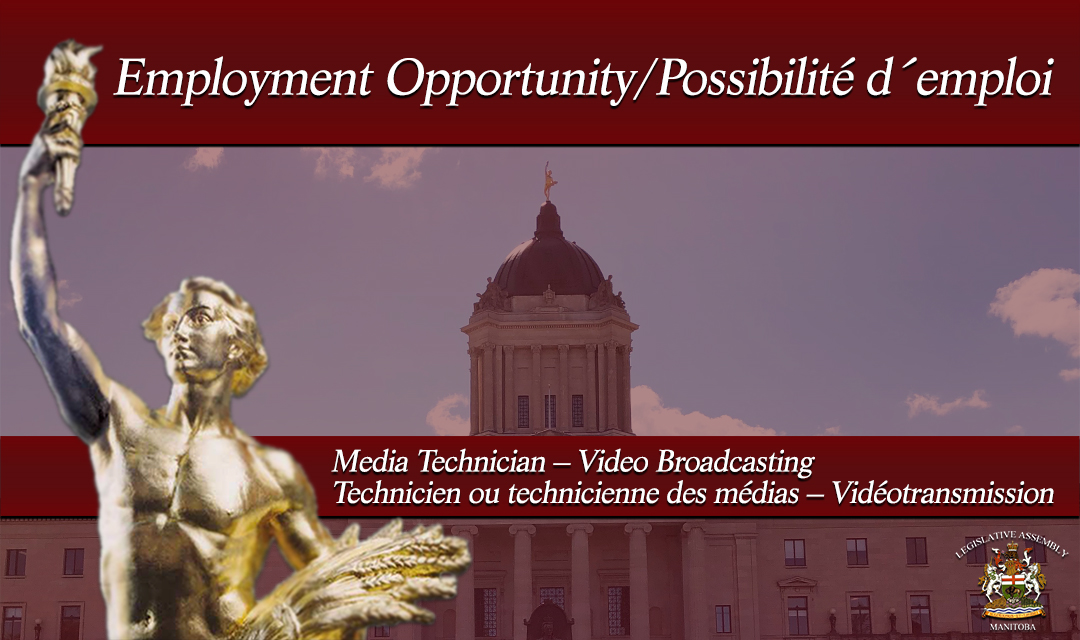 MBLegislature's tweet photo. Legislative Assembly Employment Opportunities: 
Media Technician – Video Broadcasting

Click on the link provided to find out more about the position and how to apply. 
https://t.co/FjEKykAXqP

#LegMB #jobopportunity #jobopening #work #employment #broadcast #camera #live https://t.co/6bRWS6URUq