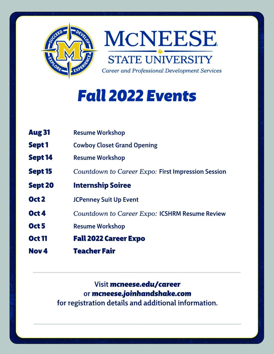 WELCOME BACK, STUDENTS 🤠!!!! We're so happy to have you back at McNeese State University for Fall 2022. Career Services has an amazing line-up this semester that caters to your professional needs! #GeauxPokes #BeACowboy #BacktoSchool