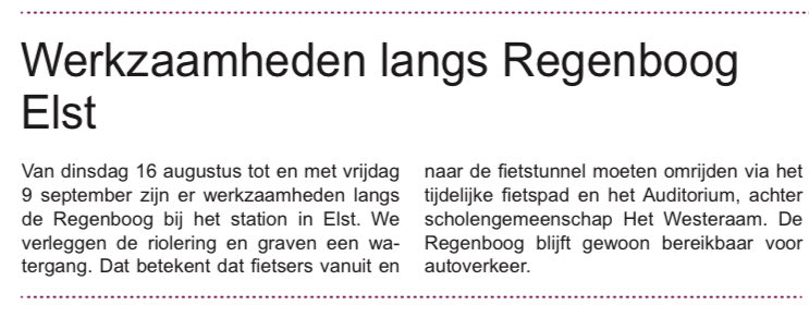 AadElst's tweet photo. Vanaf morgen omleiding voor (deel) fietsers vanaf station Elst naar Westeraam en vice versa wegens werkzaamheden langs de Regenboog https://t.co/GsbmN0IDFJ