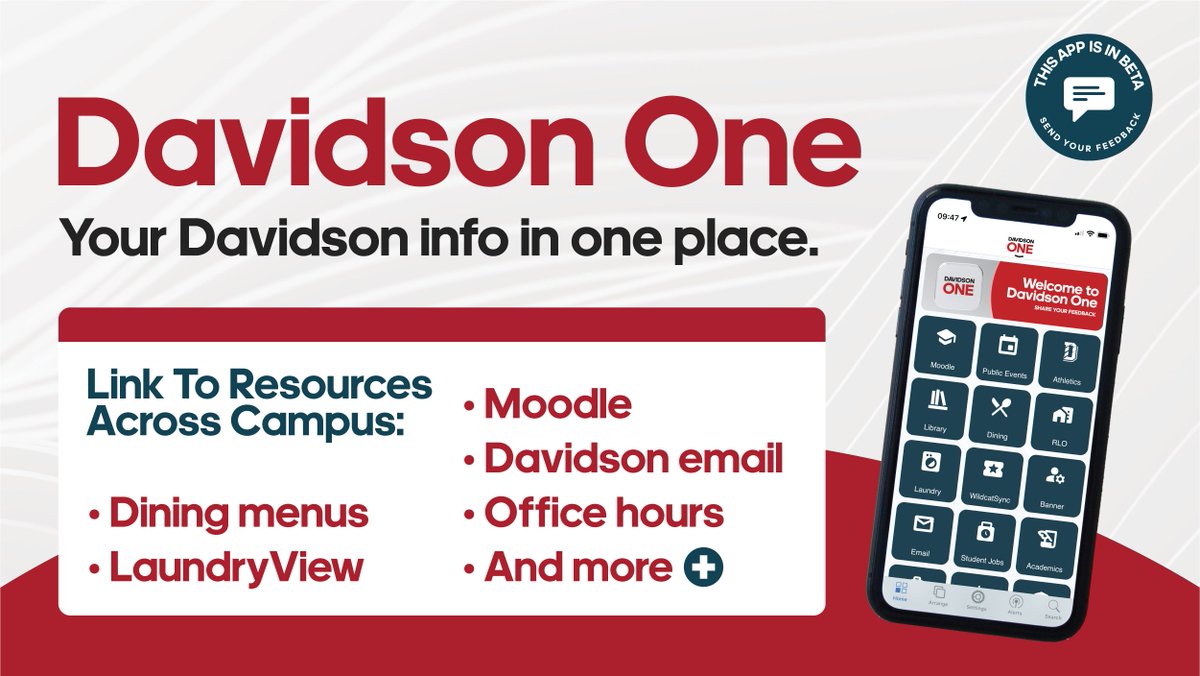 WildcatTech's tweet photo. Davidson One has launched in Beta for students! Easily access links to resources across Davidson in one spot. 

Suggest a feature or report a bug at ti@davidson.edu. 

Apple: https://t.co/buEWzjUo61
Android: https://t.co/UrjscWL2Z2

On the web at https://t.co/e9qCWXCaYG https://t.co/897YpPvfQb