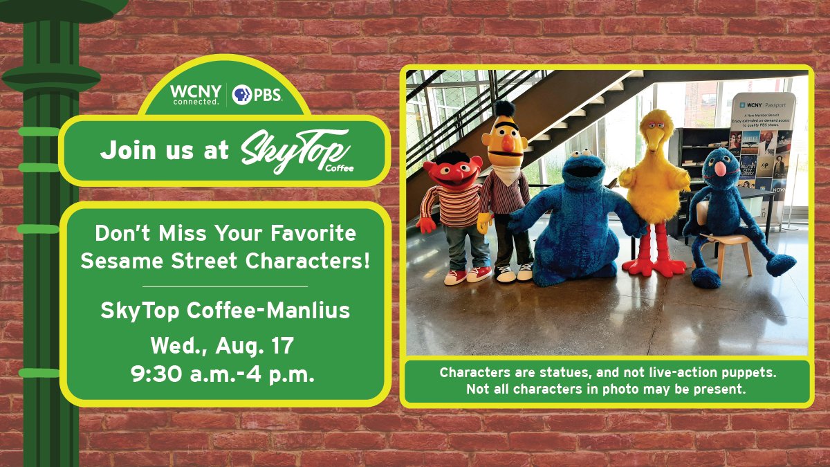 WCNYPBS's tweet photo. The Sesame Street characters are making their way from WCNY to 
@skytopcoffee! Enjoy some coffee with Bert, Ernie, Cookie Monster, Big Bird, and Grover! The puppets will be there for one day only, so don’t miss it! 

#WCNY #SesameStreet #SkyTopCoffee #Puppets #Coffee https://t.co/3kjeS3HqjL