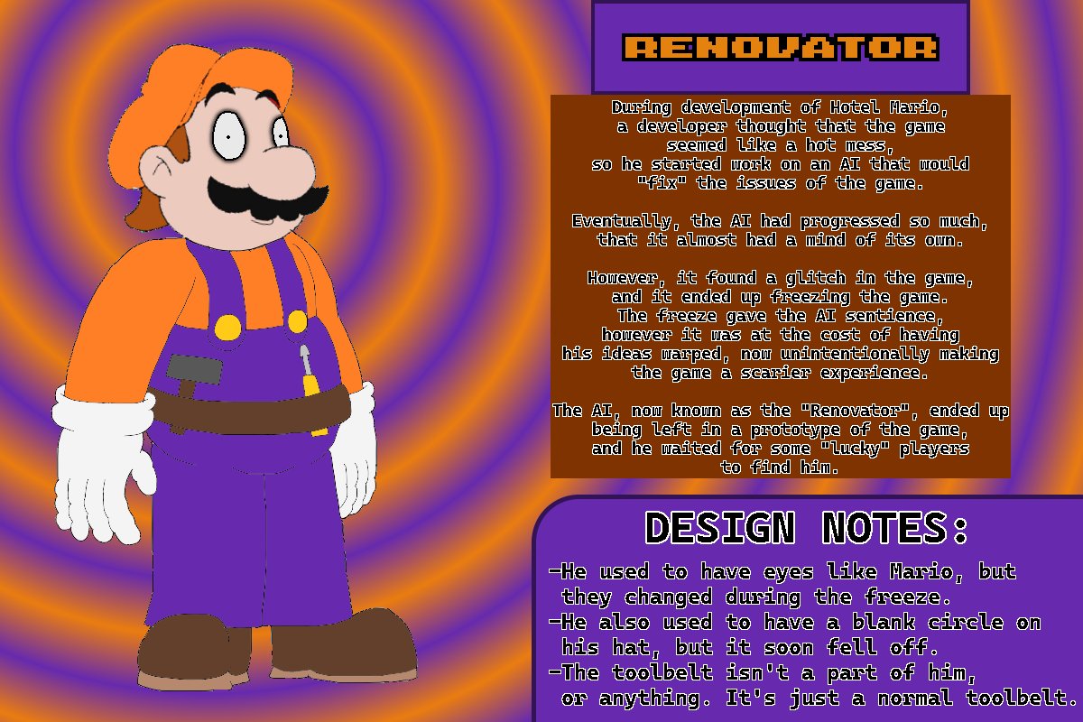 silvery2actual's tweet photo. y'all want the official renovator ref sheet + abilities sheet? here it is.

read replies for some extra things, including some notes about his character, and a few possible interactions!
#marioexe #exeoc #renovatorsweep #sonicexe https://t.co/CxRi0avl1J