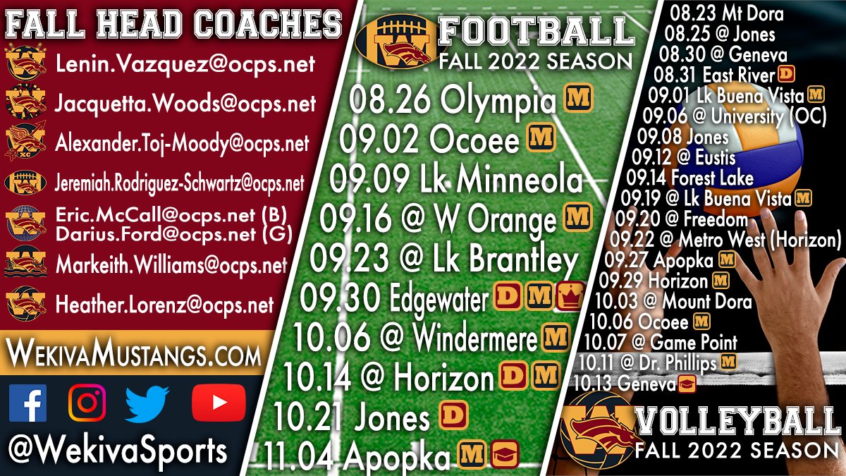 Interested in playing or watching Wekiva Sports this fall? Here are our Football and Volleyball schedules (more are available at WekivaMustangs.com) and our coach contact information for current Wekiva students. @osvarsity @ApopkaJohn