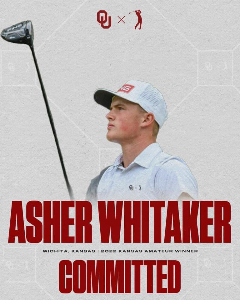 tayloreldridge's tweet photo. Big news in the Kansas golf world today, as @kmcathletics junior Asher Whitaker verbally committed to @OU_MGolf. 

Whitaker became the youngest Kansas Am winner in 97 years earlier this summer. Now the Wichita native is headed to one of the best college programs in the country. https://t.co/TDYVmNjf3m